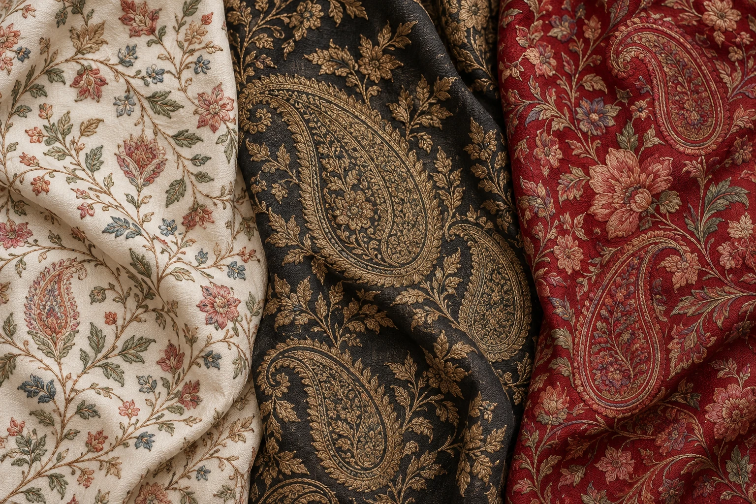Original textile concept artwork: fine florals on ivory, gold paisley on charcoal, and crimson botanical patterns